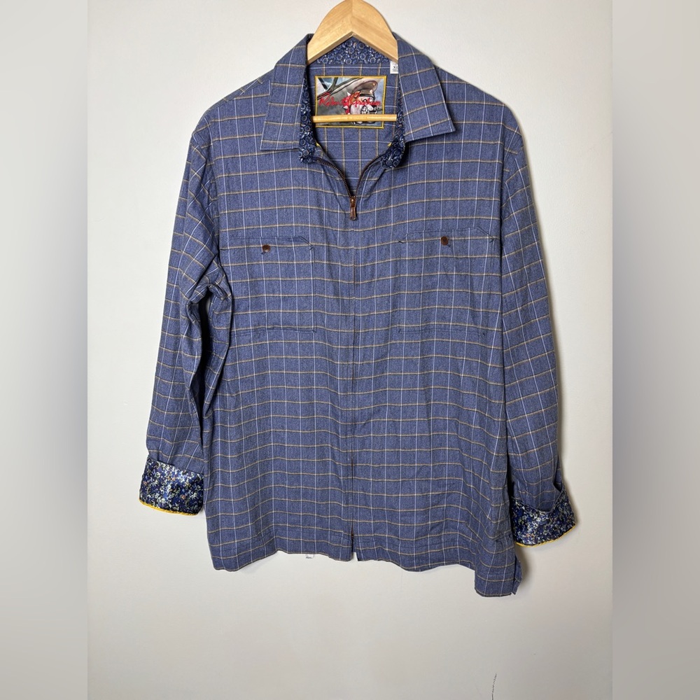Robert Graham zip up flip cuff shirt men’s XL classic fit blue window pane check